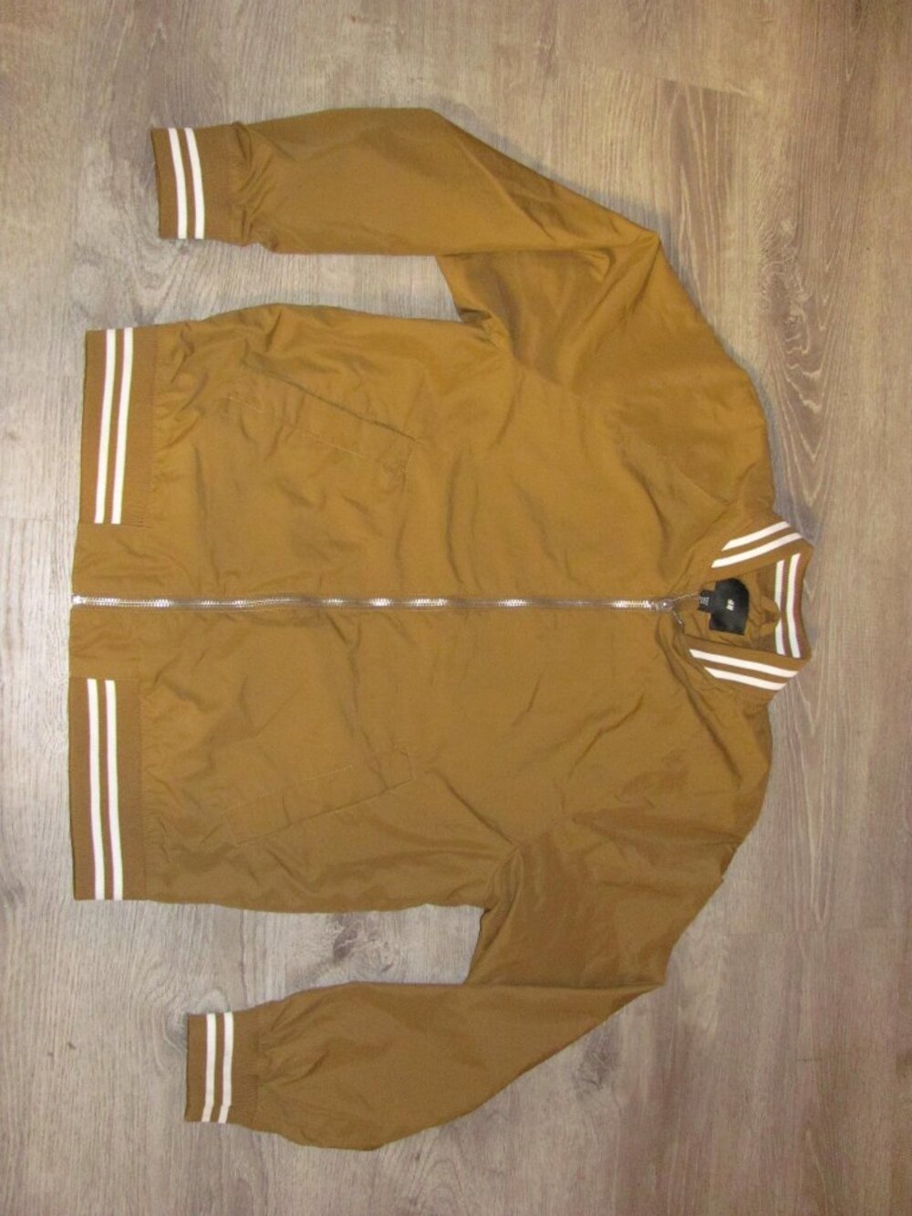 Men's H&M Mustard Brown Bomber Light Jacket Lined White Stripe Ribbed Size M